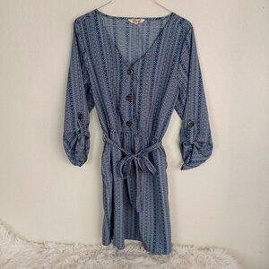 Blush Dress Waist  Tie Boho Print Button Top Large